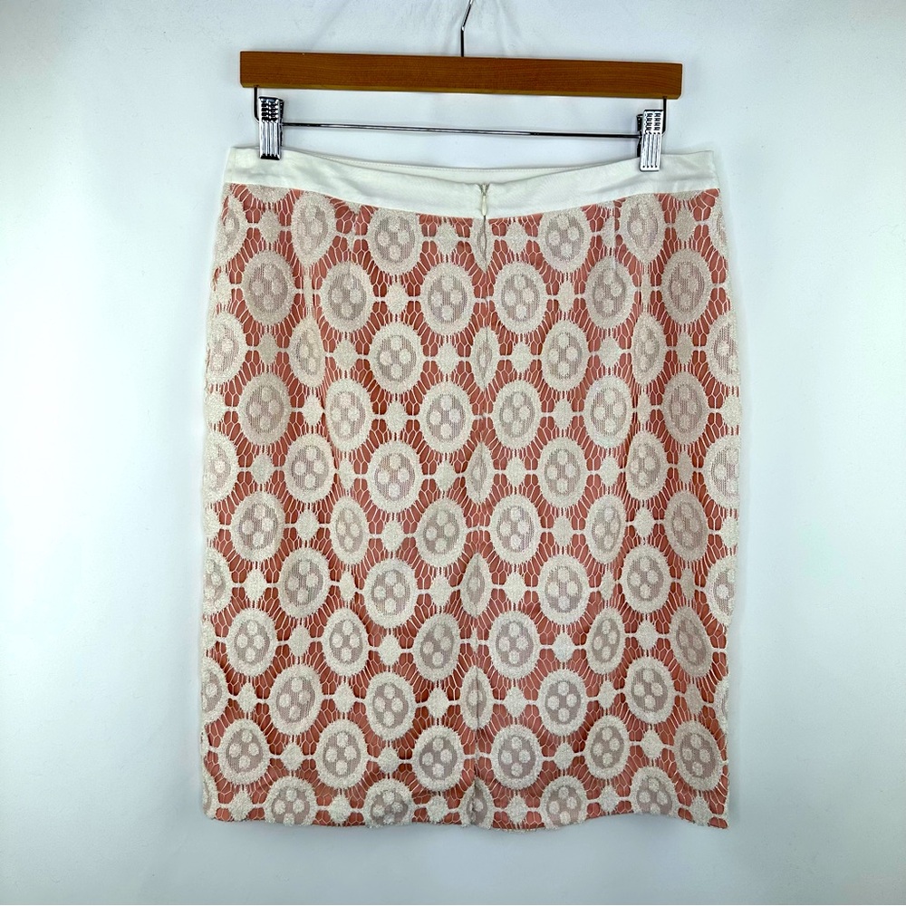 Byron Lars Ivory & Blush Pink Knee Length Contrast Overlay Lace Pencil Skirt 12 - Picture 5 of 9